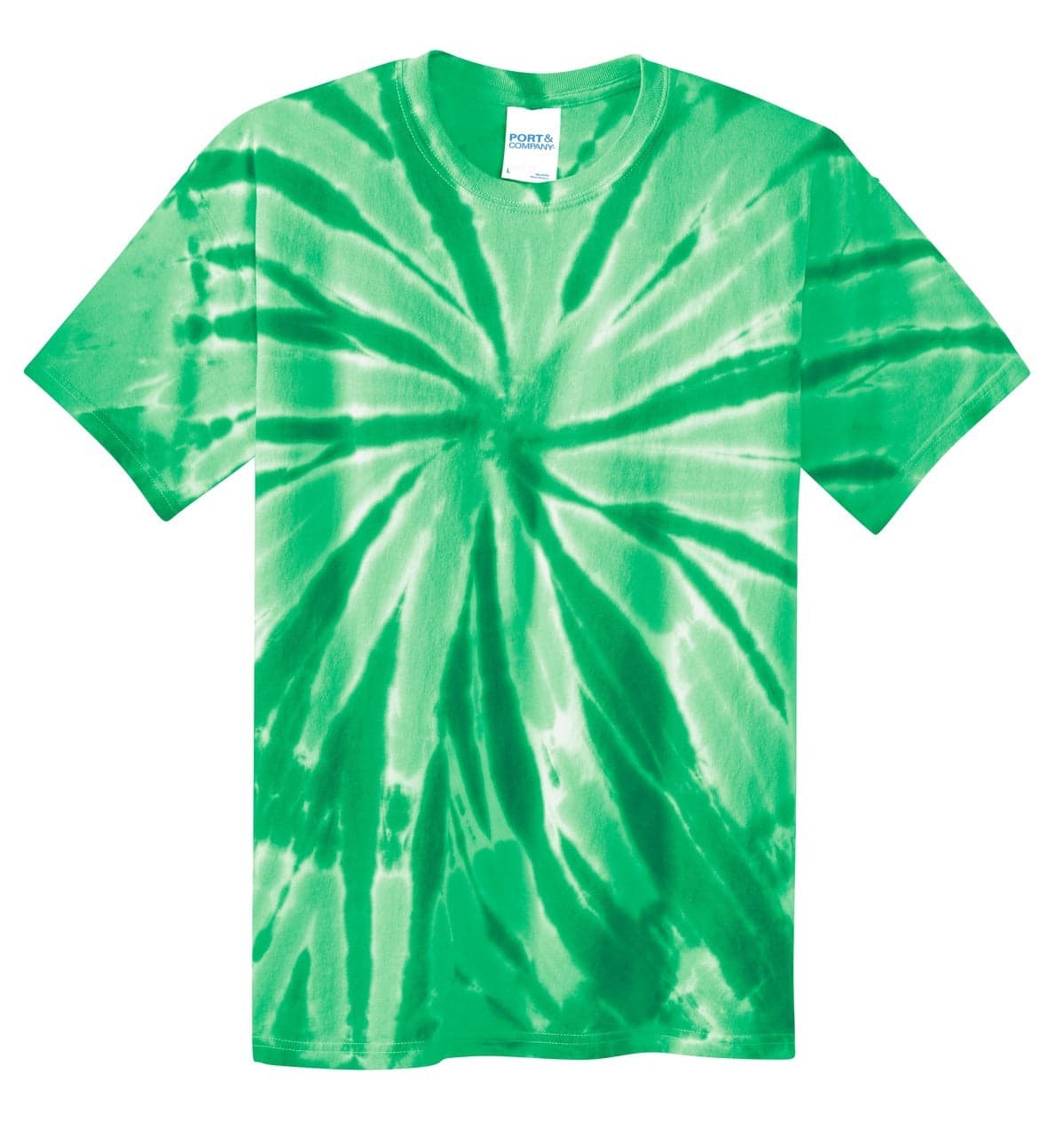 A green tie-dye t-shirt featuring a spiral pattern and a label in the neckline.