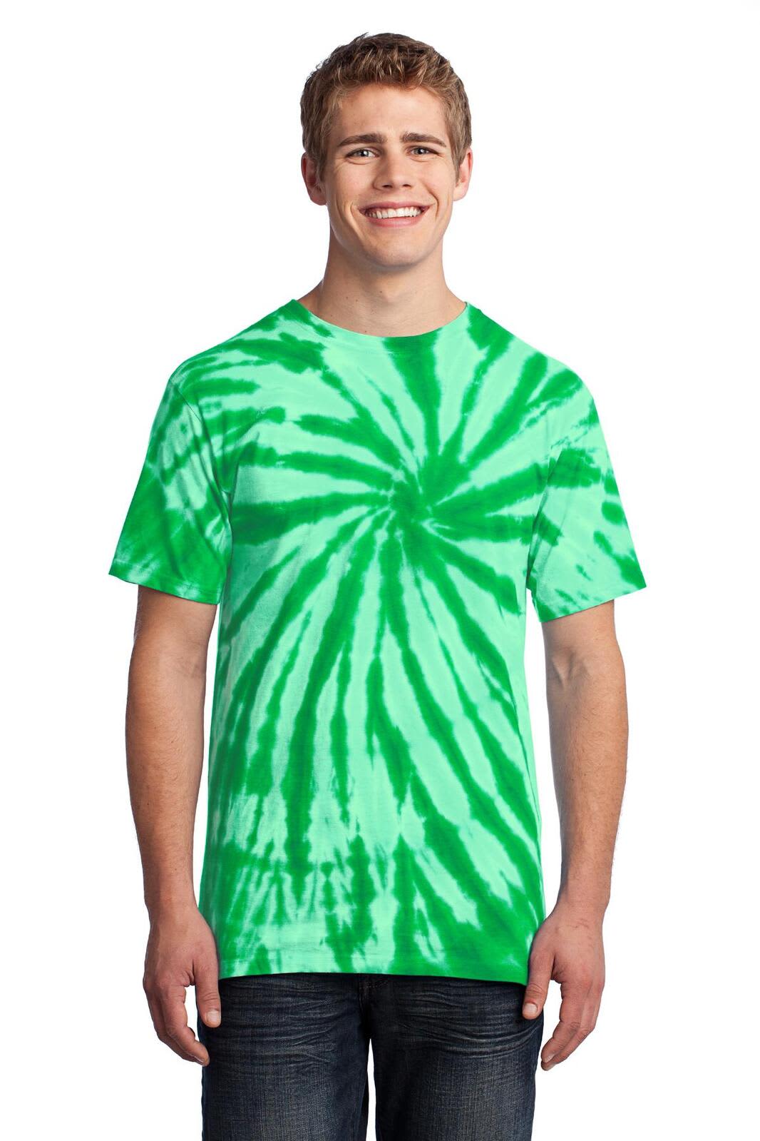A man is wearing a green and white tie-dye t-shirt with a swirling pattern. The shirt features a logo.