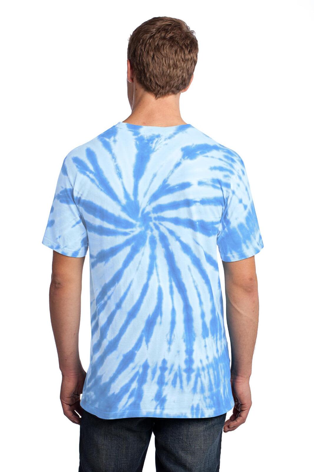 A tie-dye tee in shades of blue features a spiral pattern and has a logo on the back.