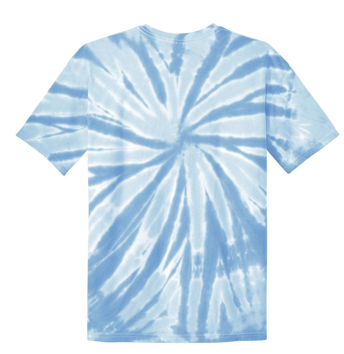 A blue tie-dye T-shirt featuring a spiral design, showcasing various shades of blue and white.