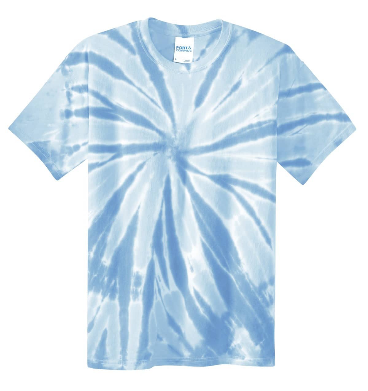 A blue and white tie-dye T-shirt with a spiral pattern. It features a logo on the label.