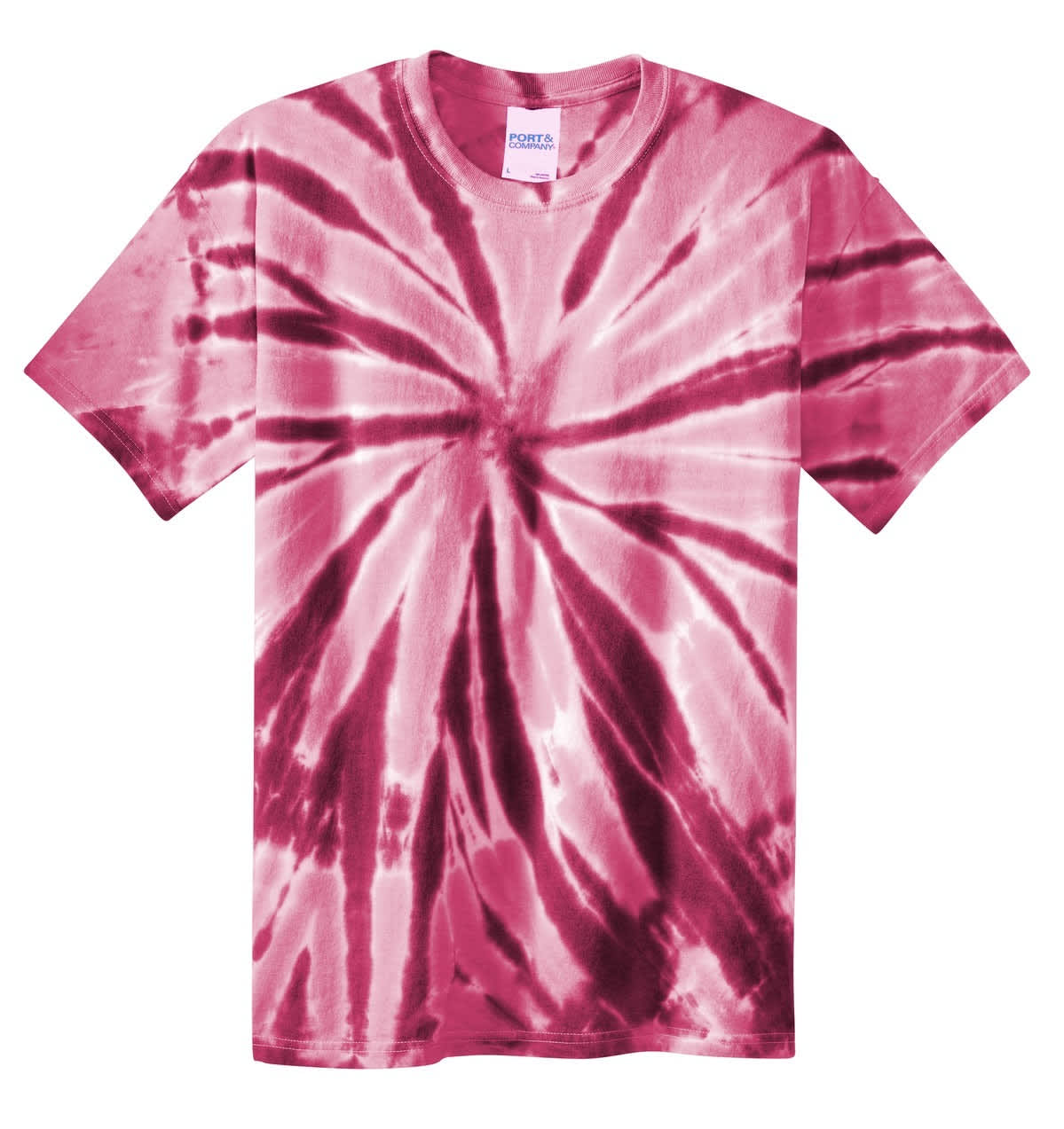 A tie-dye tee in shades of pink with a spiral pattern, featuring a label inside.