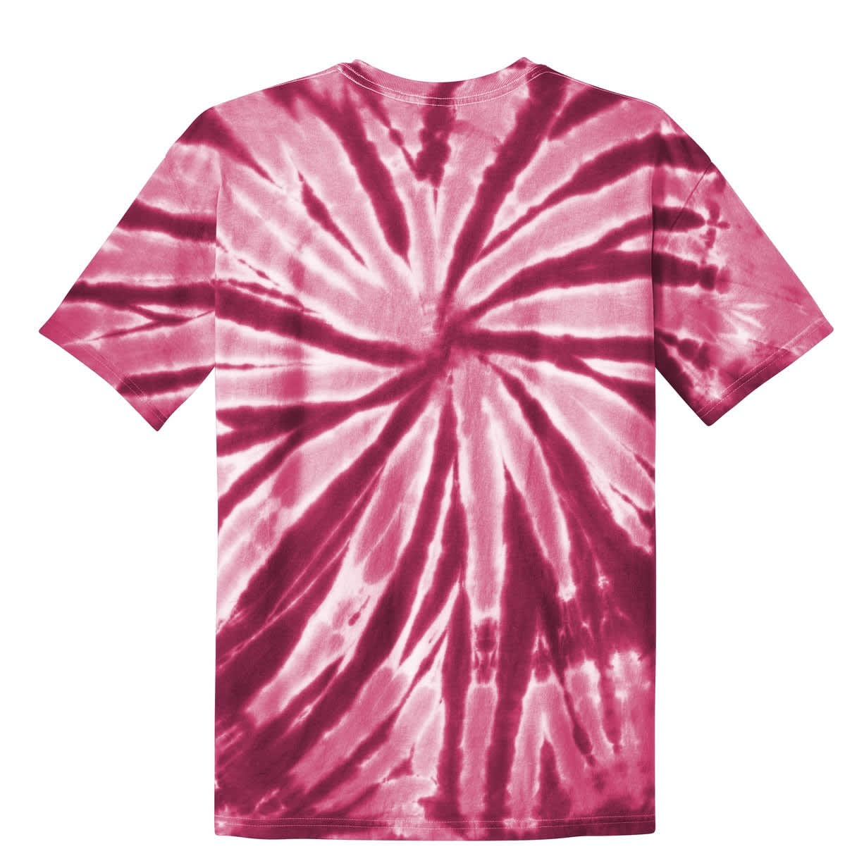 A tie-dye tee in shades of maroon and pink, featuring a spiral pattern on the back. Includes a logo.