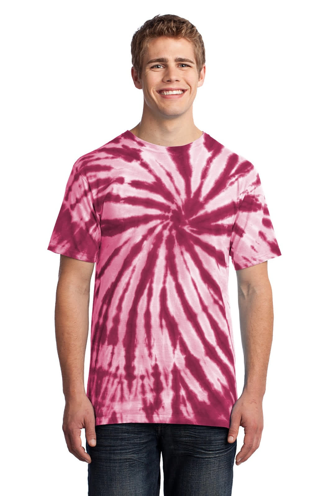A man wearing a pink and white tie-dye t-shirt, displaying a spiral pattern. The shirt features a logo.