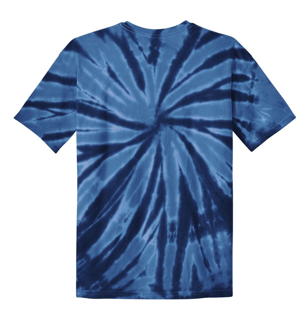 A blue tie-dye T-shirt with a spiral pattern on the back, featuring a logo.