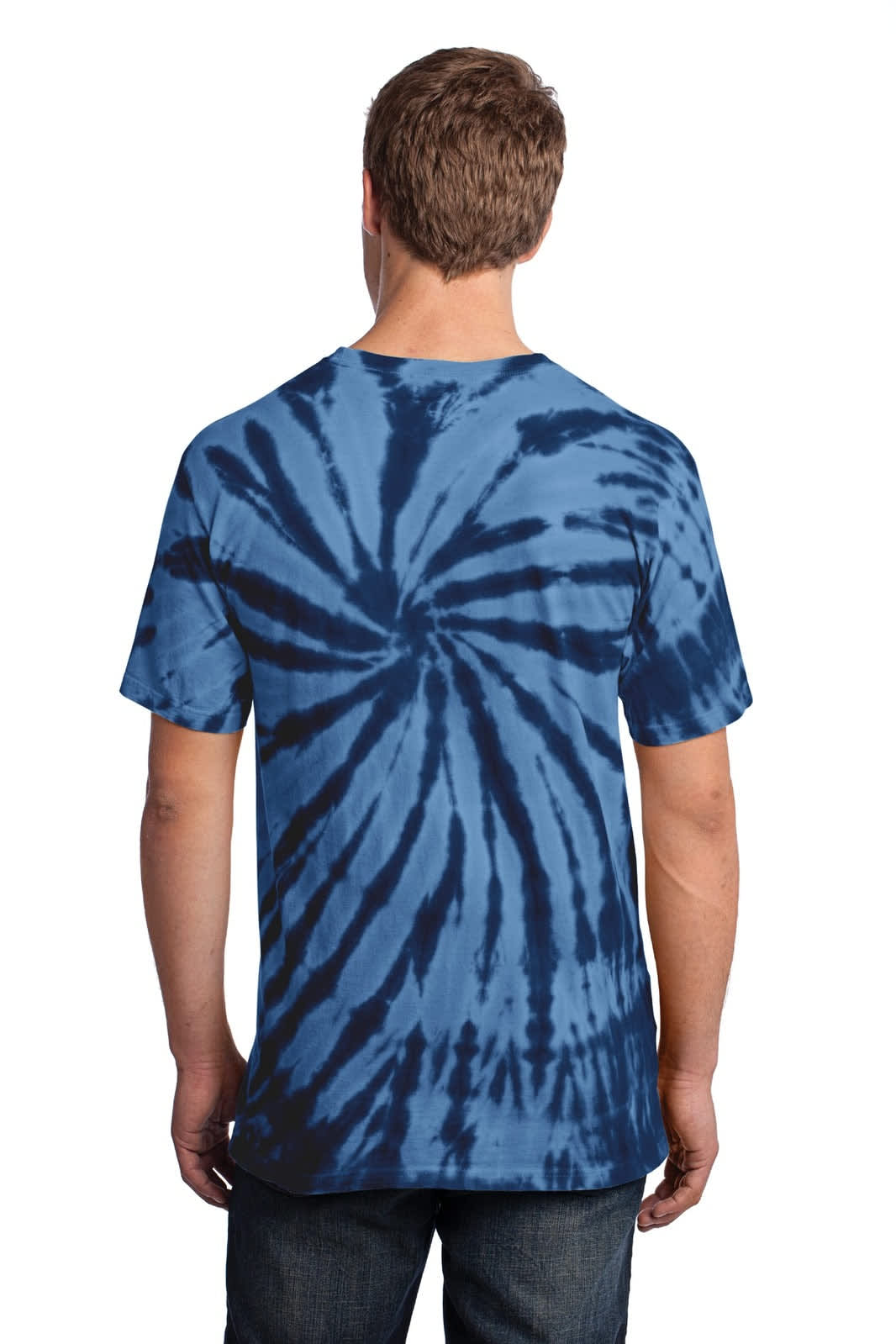 A tie-dye T-shirt in various shades of blue, featuring a spiral pattern and a logo on the back.