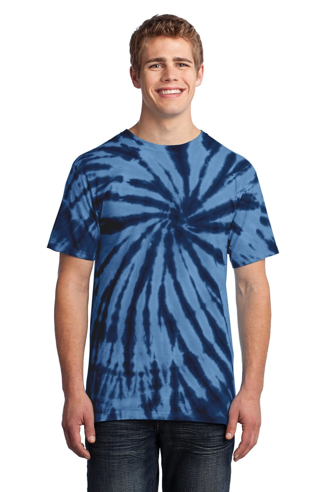 A man wearing a blue and navy tie-dye T-shirt with a swirl pattern. The shirt has a logo.