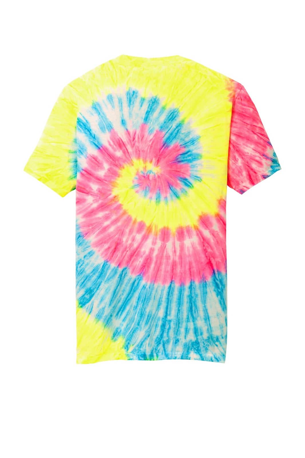 A vibrant tie-dye T-shirt featuring a spiral pattern in yellow, pink, and blue colours, with a branded logo.