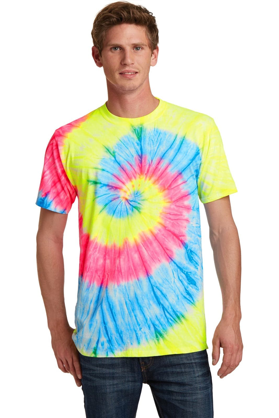 A man wearing a vibrant tie-dye tee in bright yellow, blue, and pink colours, with a spiral pattern. The shirt has a logo.
