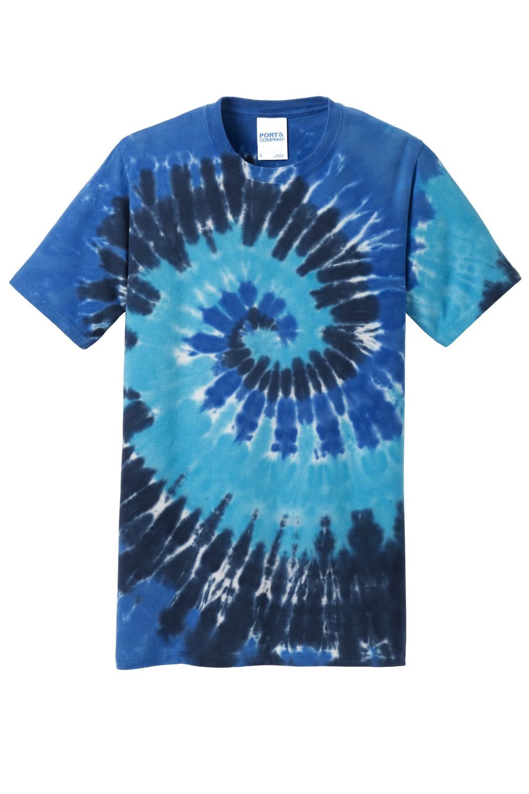A tie-dye t-shirt featuring a spiral pattern in shades of blue and navy. It has a branding label on the neckline.