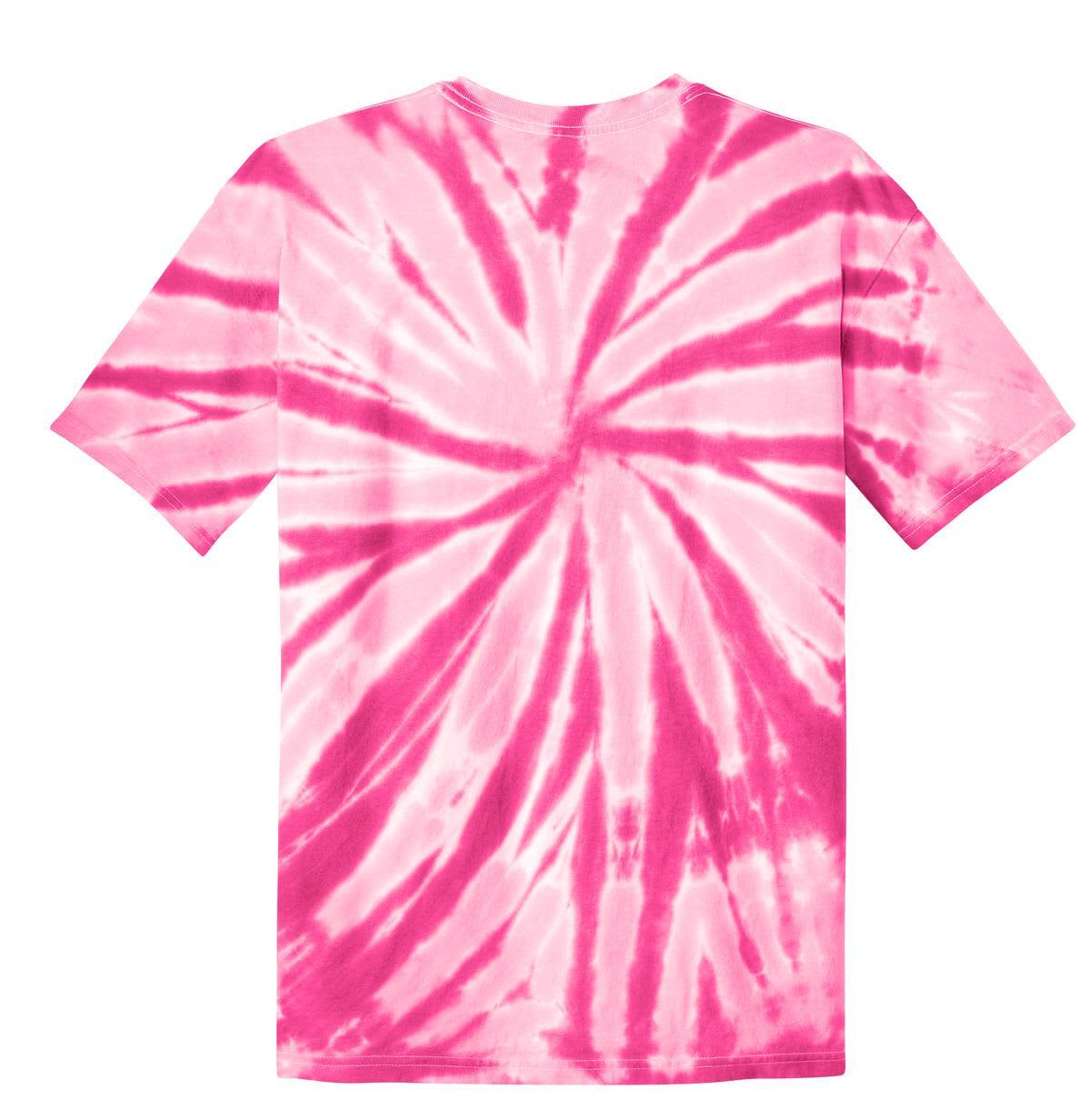 A vibrant pink tie-dye t-shirt with a swirling pattern, featuring a logo.