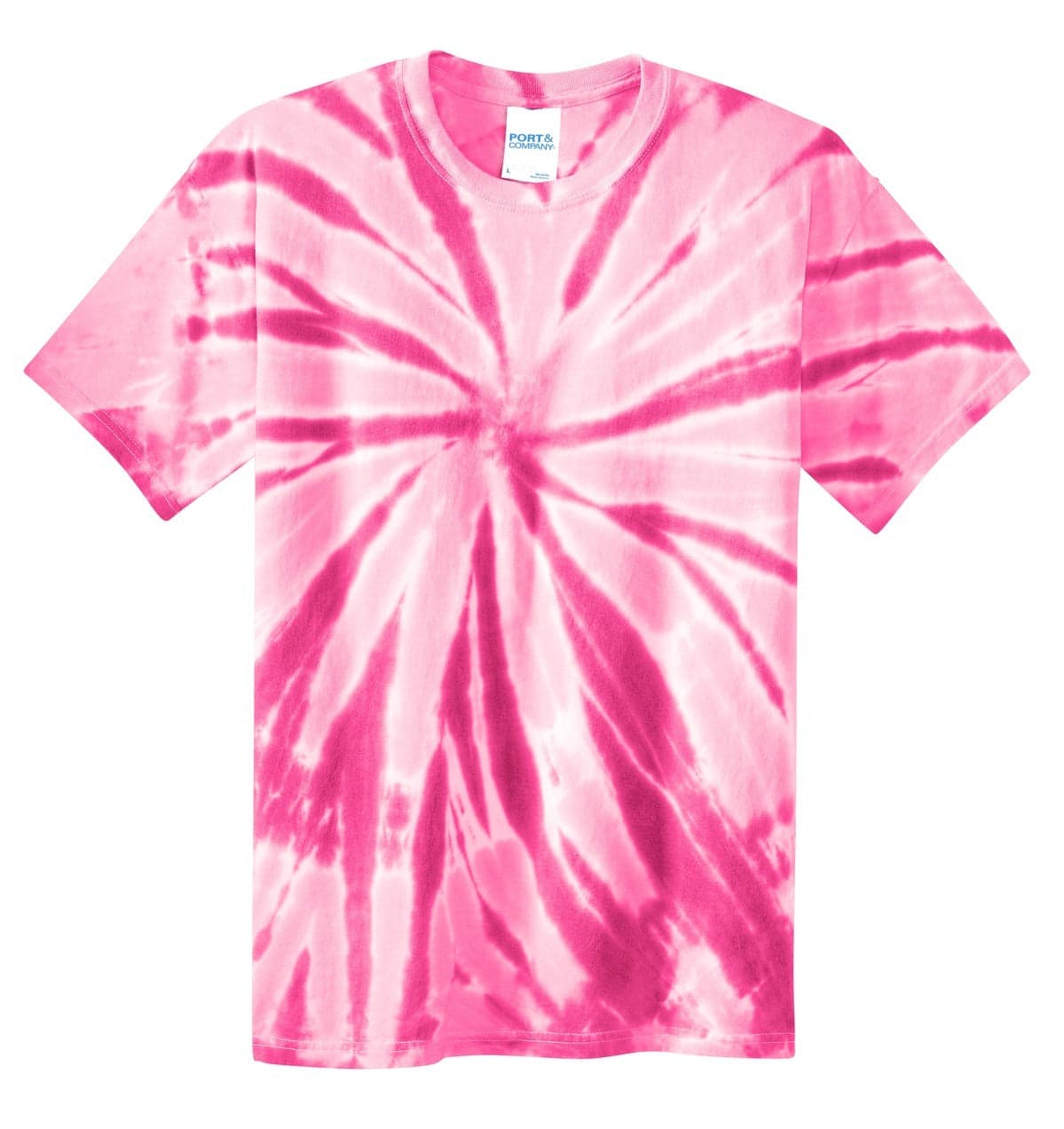 A pink tie-dye T-shirt featuring a swirling pattern and a logo on the label.