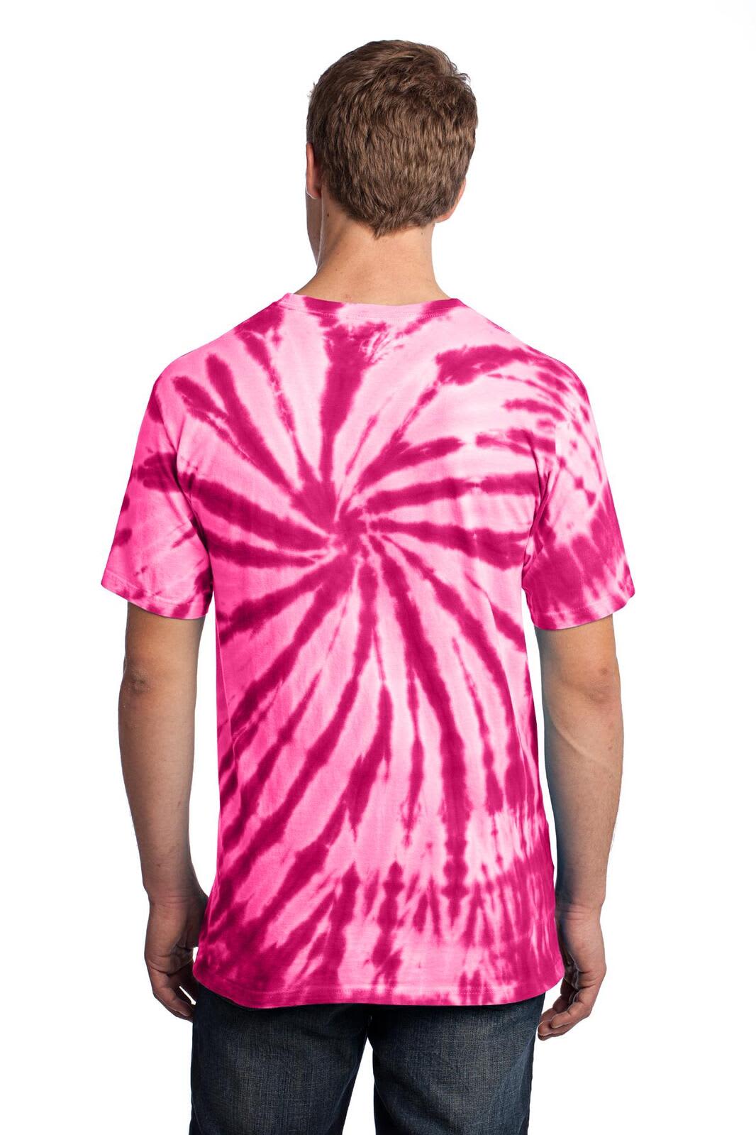 A tie-dye T-shirt in vibrant pink and white with a swirling pattern, featuring a branding logo.