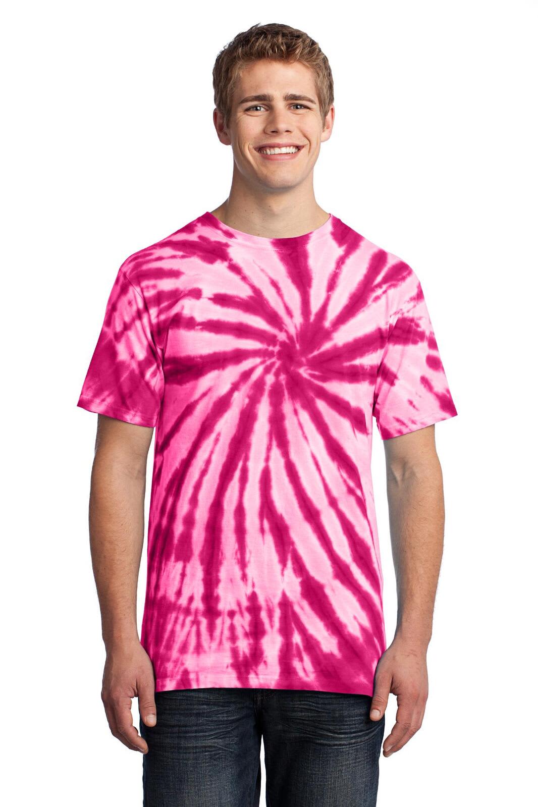 A man wearing a pink tie-dye T-shirt featuring a spiral pattern and a logo on the front.