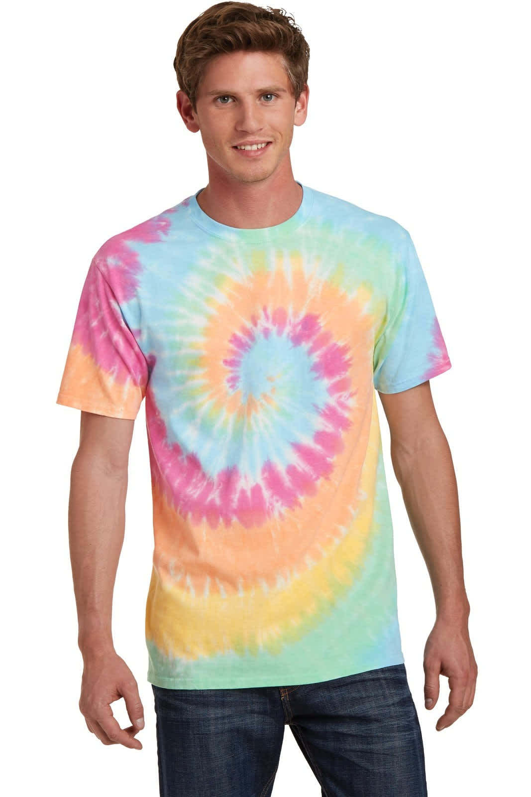 A man wearing a multi-coloured tie-dye T-shirt featuring a spiral pattern in pastel shades of pink, blue, and green.