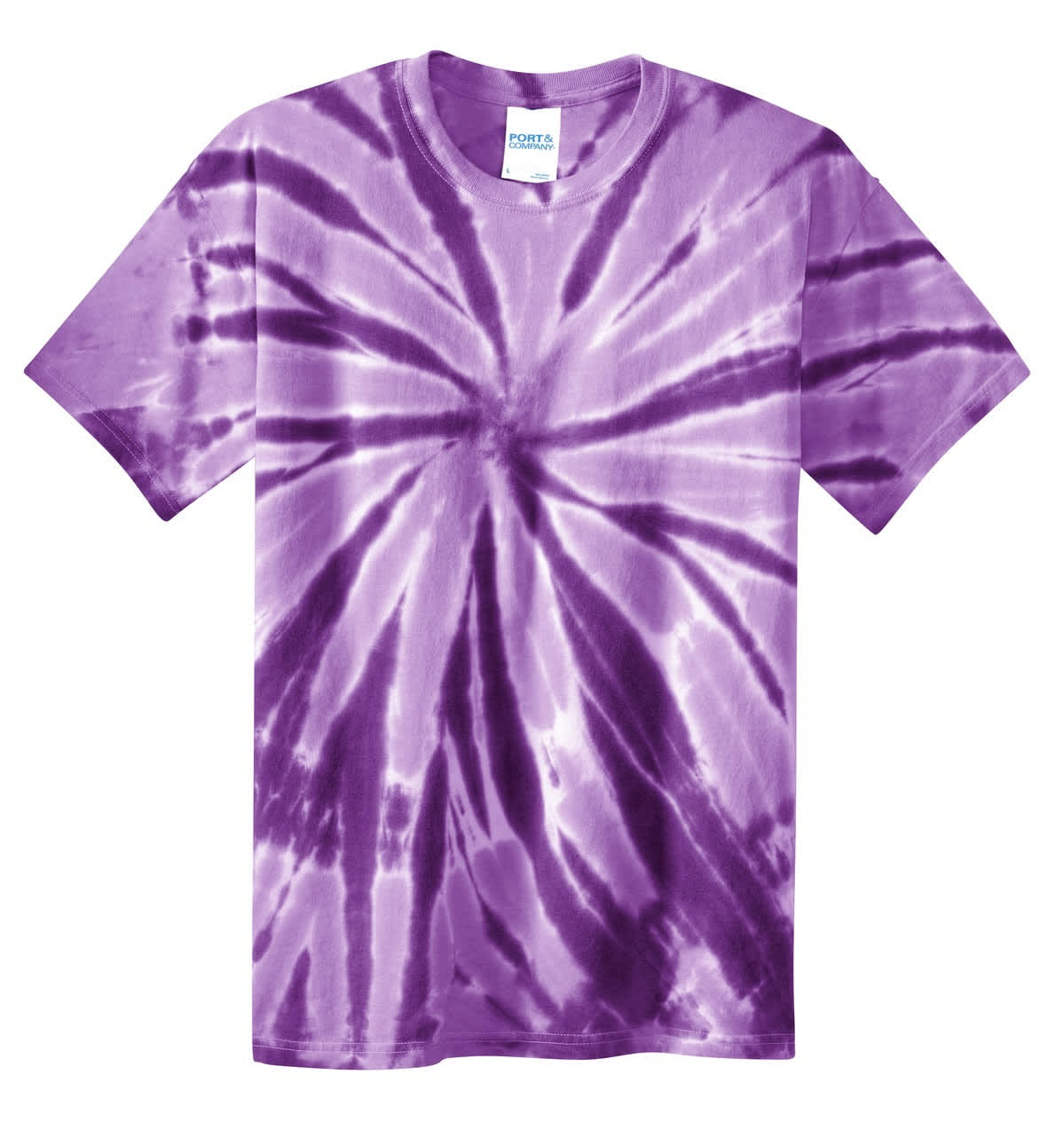 A purple tie-dye T-shirt featuring a swirling pattern and a label.