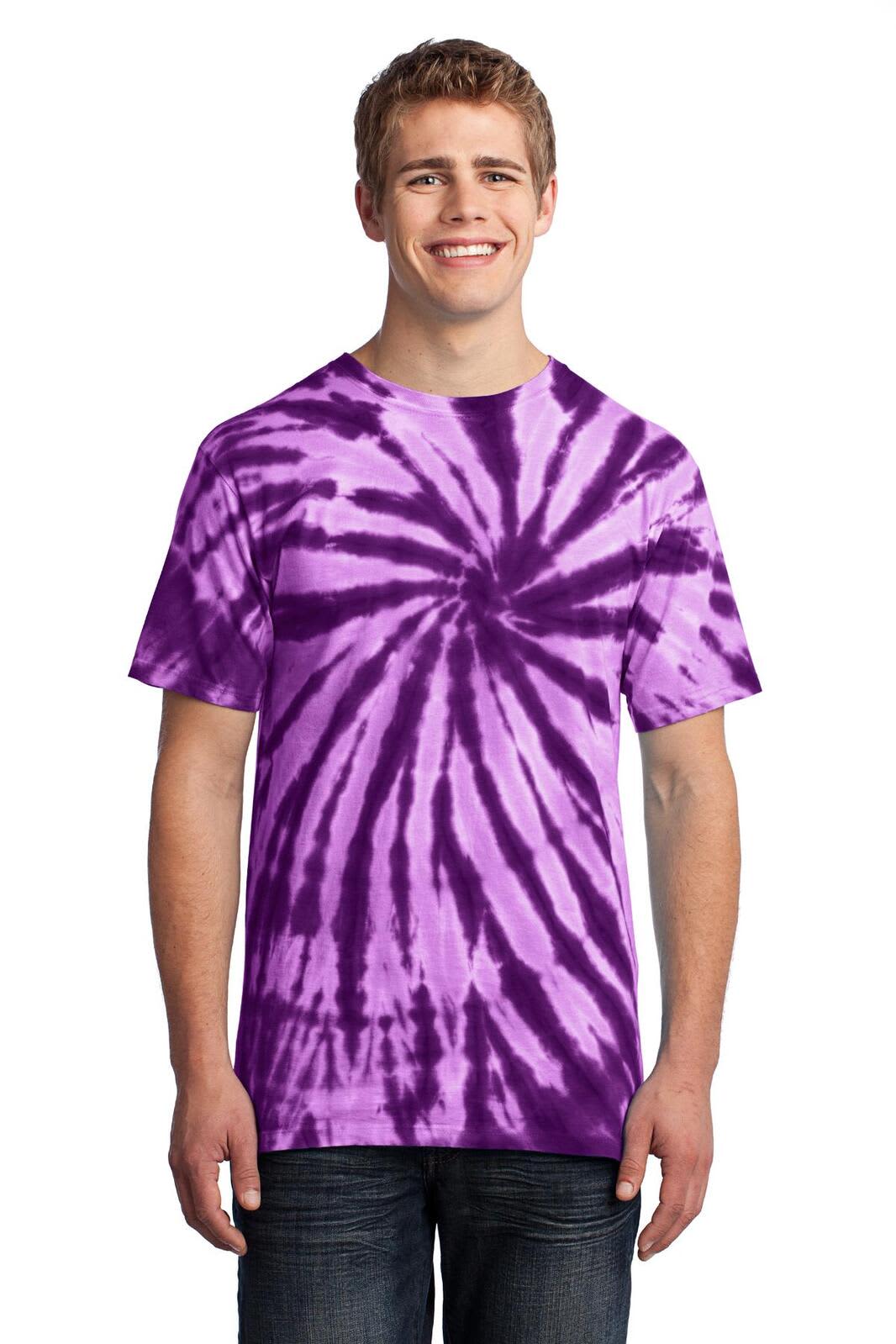 A purple tie-dye T-shirt displayed on a smiling male model. The shirt features a spiral pattern and has a logo.