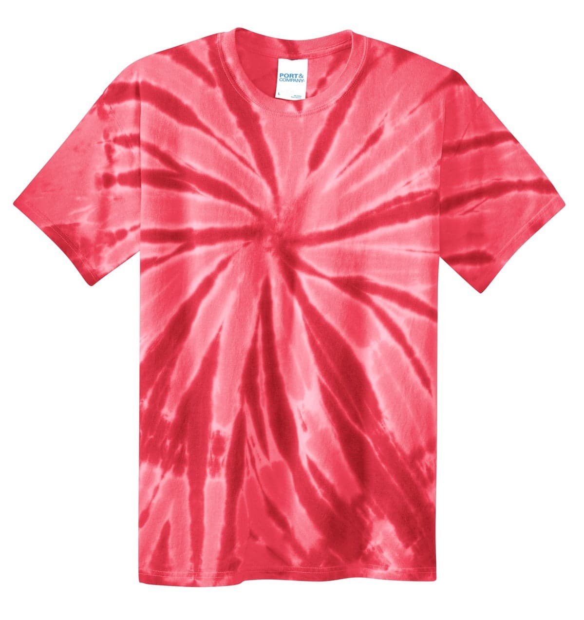 A red tie-dye T-shirt featuring a spiral pattern and short sleeves, with a brand label on the collar.