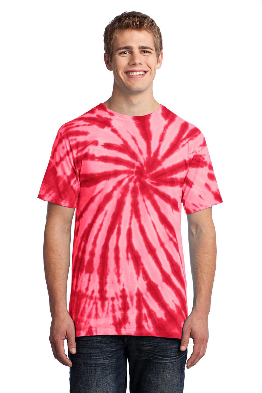 A man wearing a red and white tie-dye t-shirt, featuring a spiral pattern and a logo on the shirt.