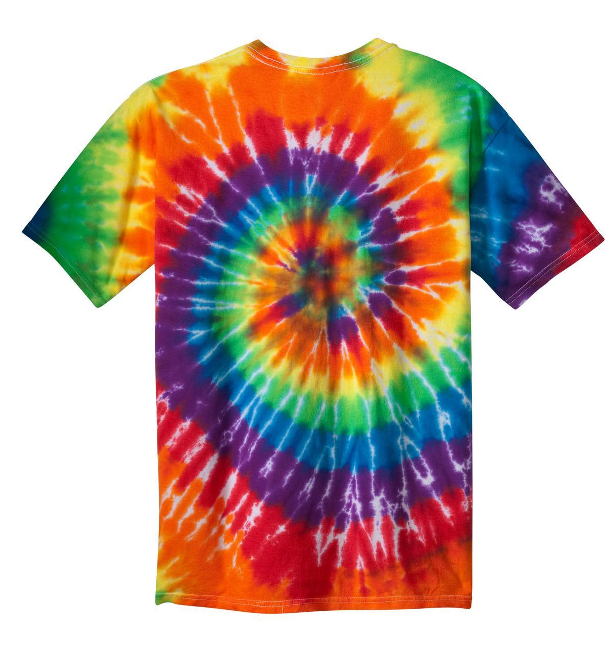 A tie-dye T-shirt featuring vibrant colours of orange, yellow, green, blue, and purple in a spiral design.