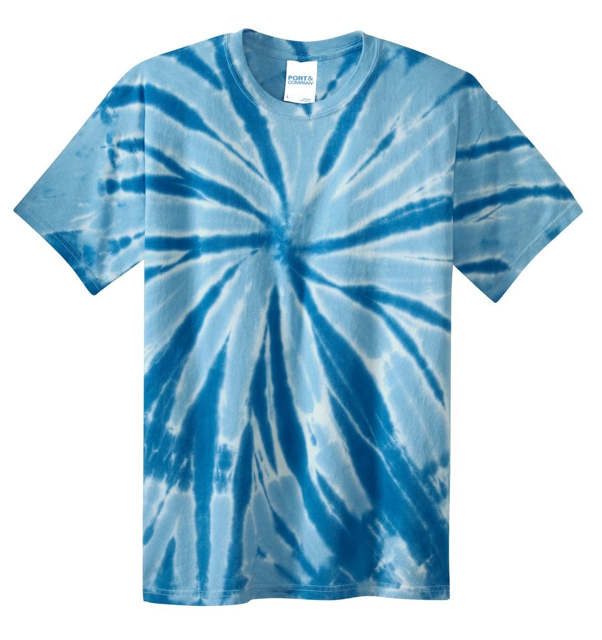 A blue tie-dye t-shirt featuring a spiral pattern and short sleeves, with a brand label on the neckline.