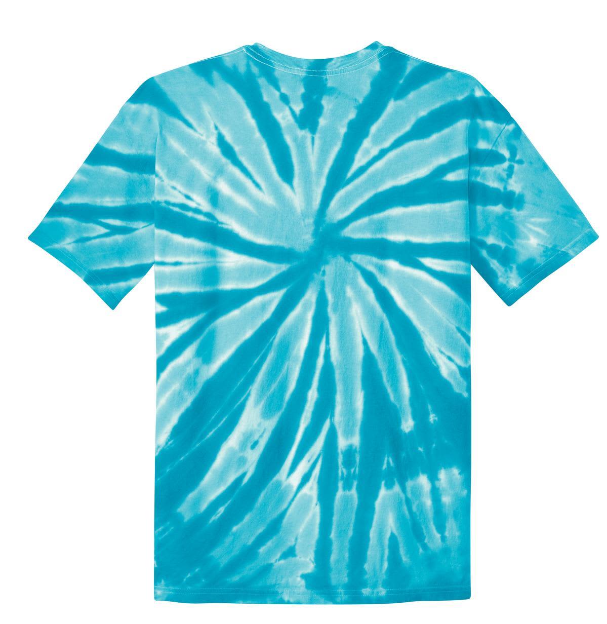 A turquoise tie-dye T-shirt with a spiral pattern and short sleeves, featuring a logo.