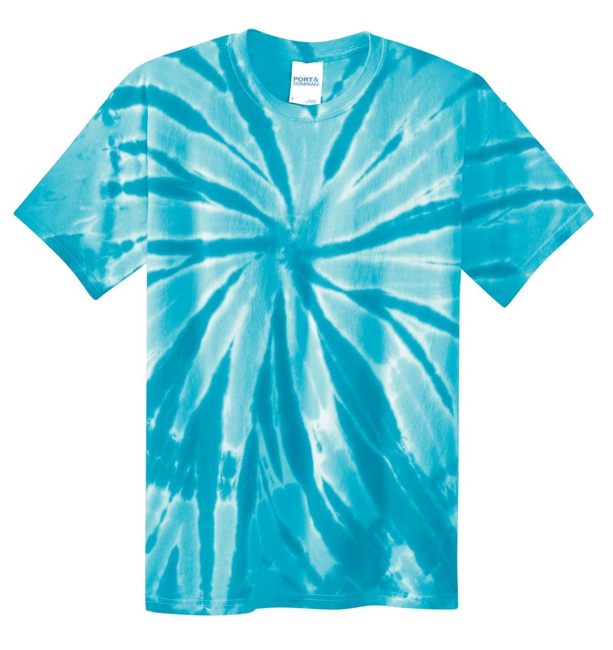 A turquoise tie-dye T-shirt featuring a spiral pattern and a label at the neckline.