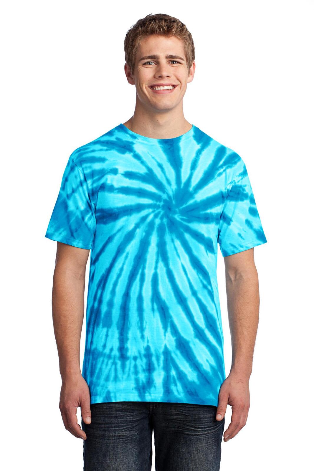 A man wearing a blue tie-dye T-shirt with a spiral pattern, featuring a logo on the front.