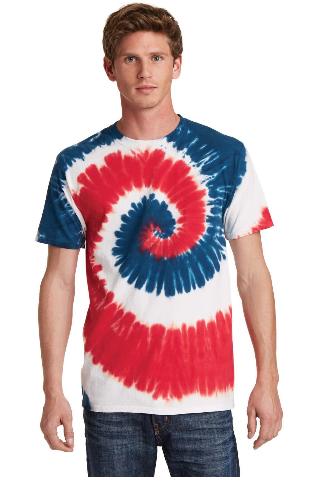 A man wearing a tie-dye T-shirt featuring red, white, and blue spiral patterns. The shirt has a logo.