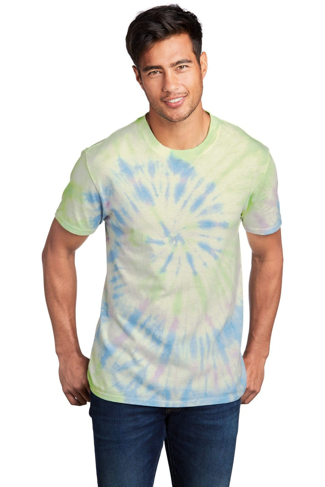 A tie-dye T-shirt in shades of green, blue, and white, featuring a casual fit and short sleeves.