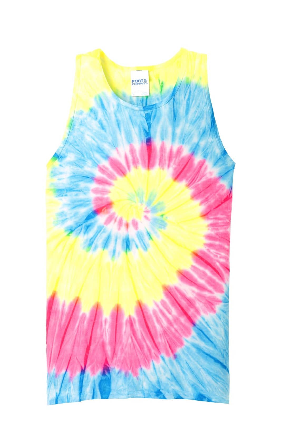 A tie-dye tank top in vibrant yellow, blue, and pink colours with a spiral pattern. It features a logo.