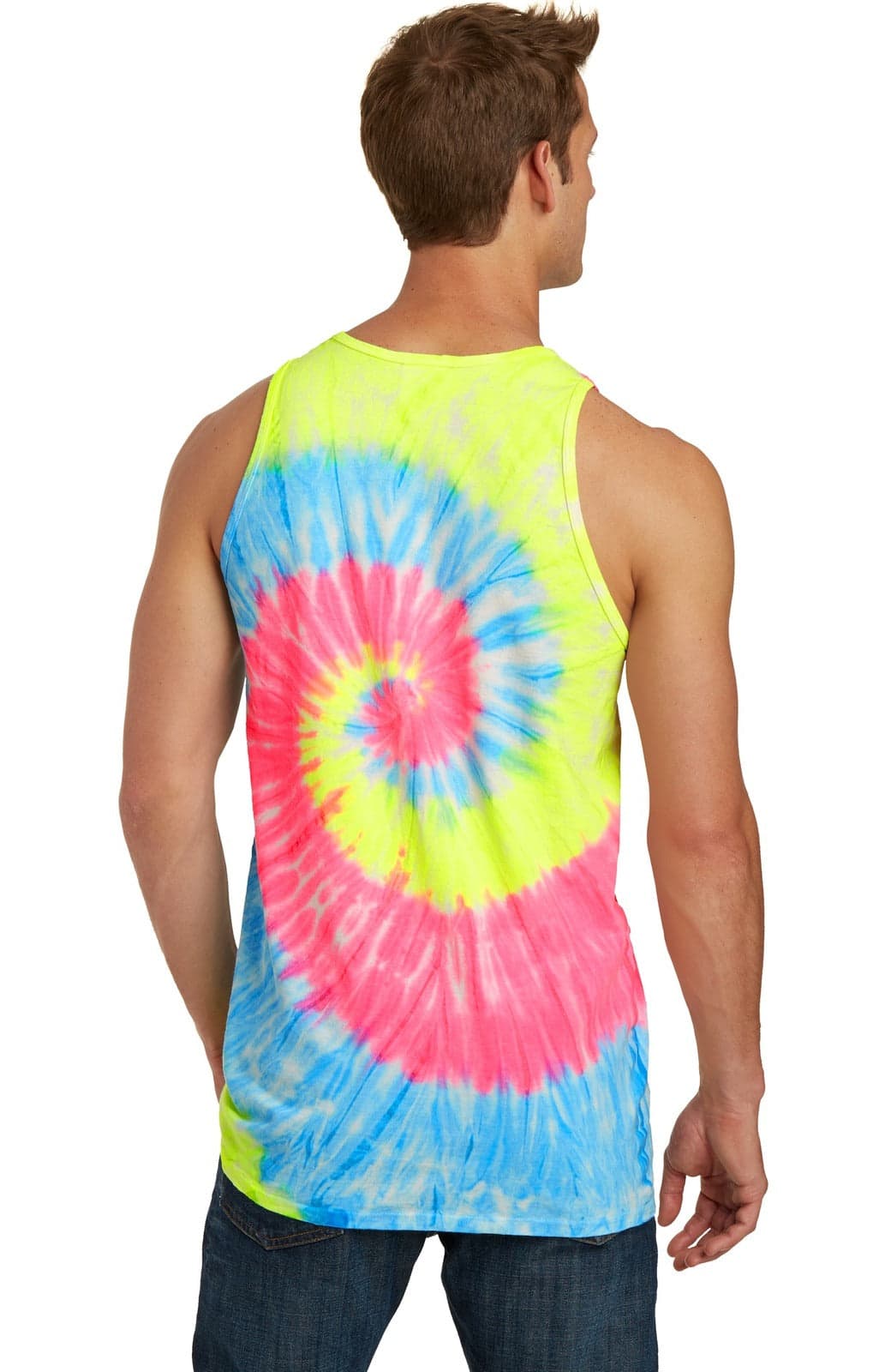 A tie-dye tank top featuring bright yellow, blue, and pink spiral patterns, with a logo on the back.