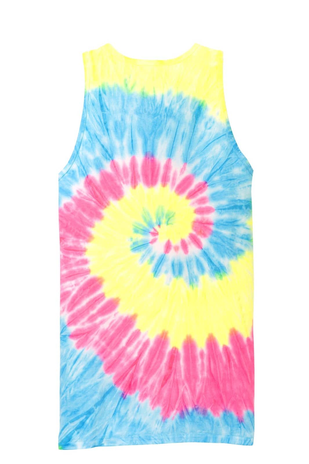 A vibrant tie-dye tank top featuring a spiral design in blue, pink, and yellow. It has a logo on it.