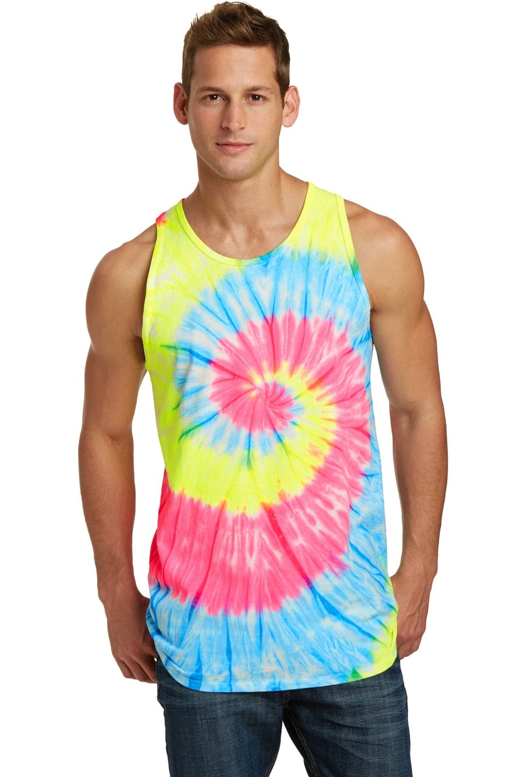 A man models a vibrant tie-dye tank top featuring blue, pink, and yellow spiral patterns. The tank top has a logo.