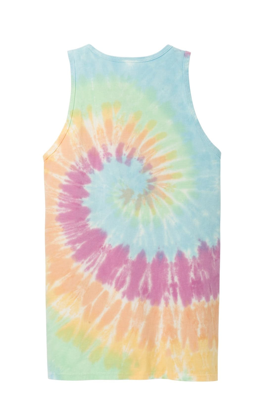 A tie-dye tank top featuring pastel colours in a spiral pattern, showcasing shades of blue, pink, and orange.