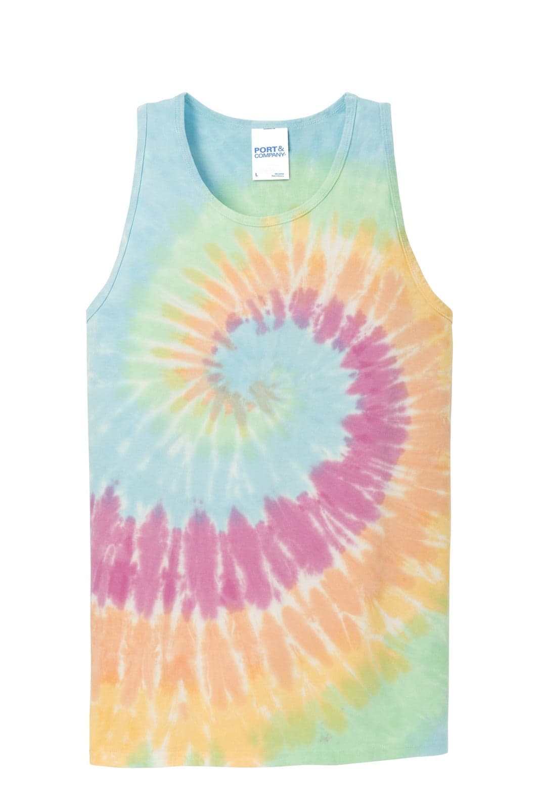 A tie-dye tank top featuring pastel colours in a spiral pattern, with a brand label at the neckline.