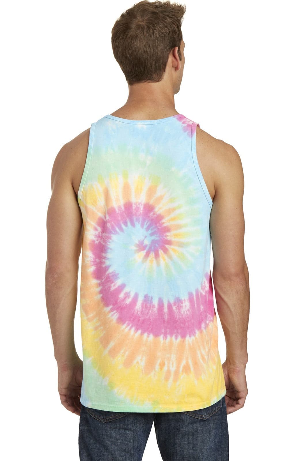 A tie-dye tank top featuring a spiral pattern in blue, pink, and yellow, with a logo on the back.