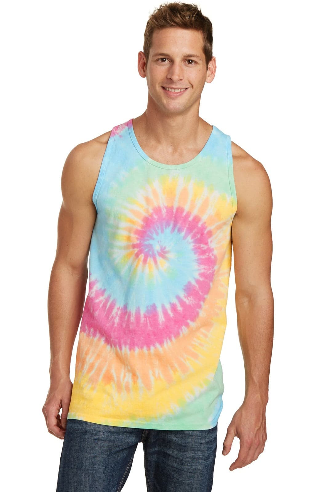 A tie-dye tank top featuring pastel colours of pink, blue, and yellow, worn by a model. The top has a logo.