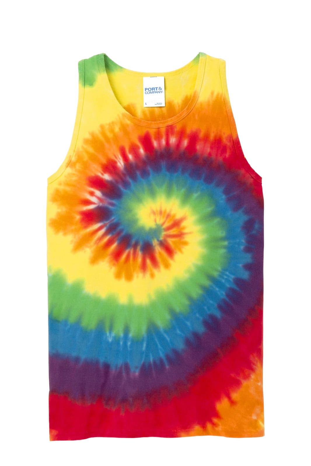 A bright tie-dye tank top featuring a swirl pattern in yellow, red, blue, green, and orange, with a logo on the label.