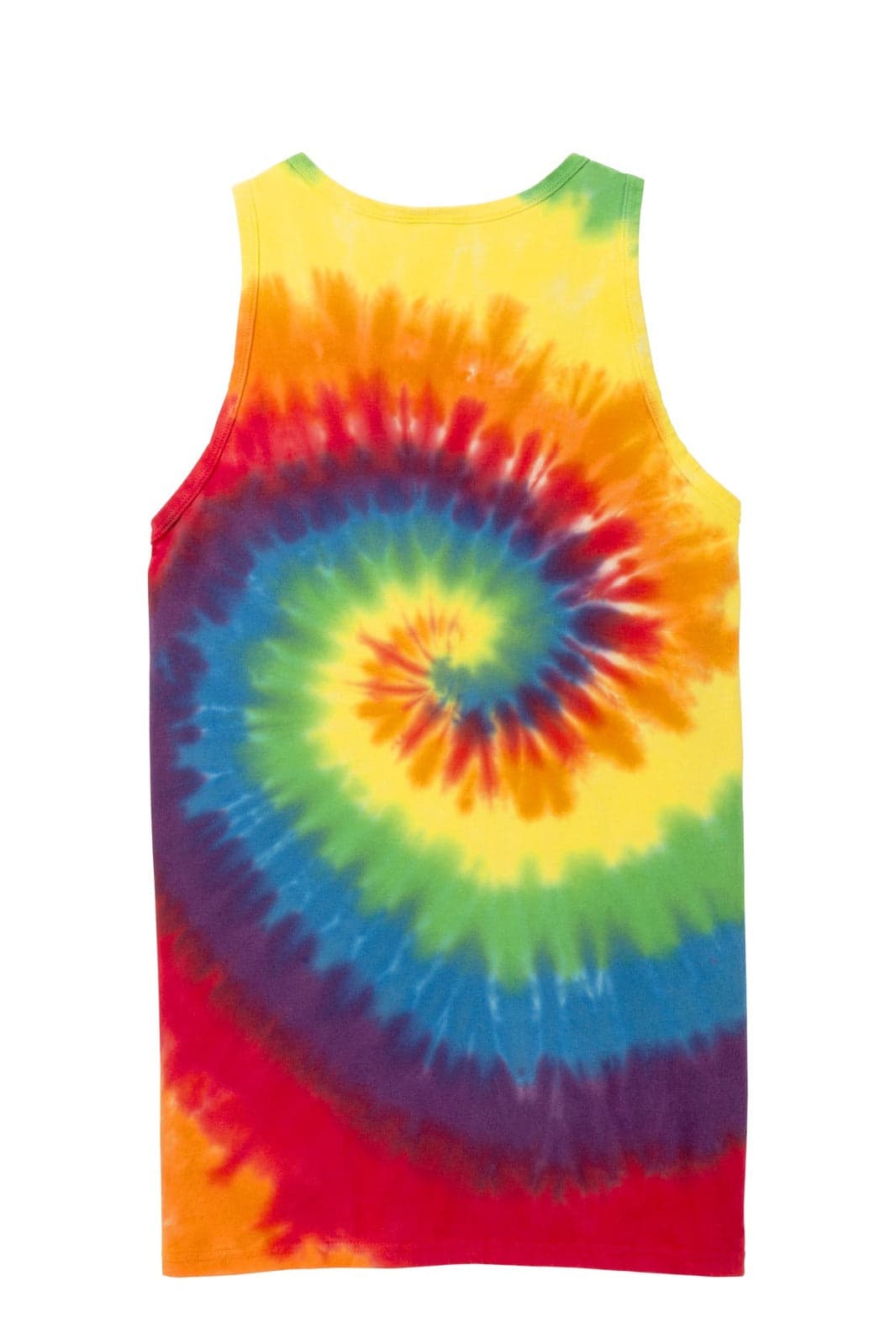 A tie-dye tank top in vibrant rainbow colours featuring a spiral pattern and a branded label.