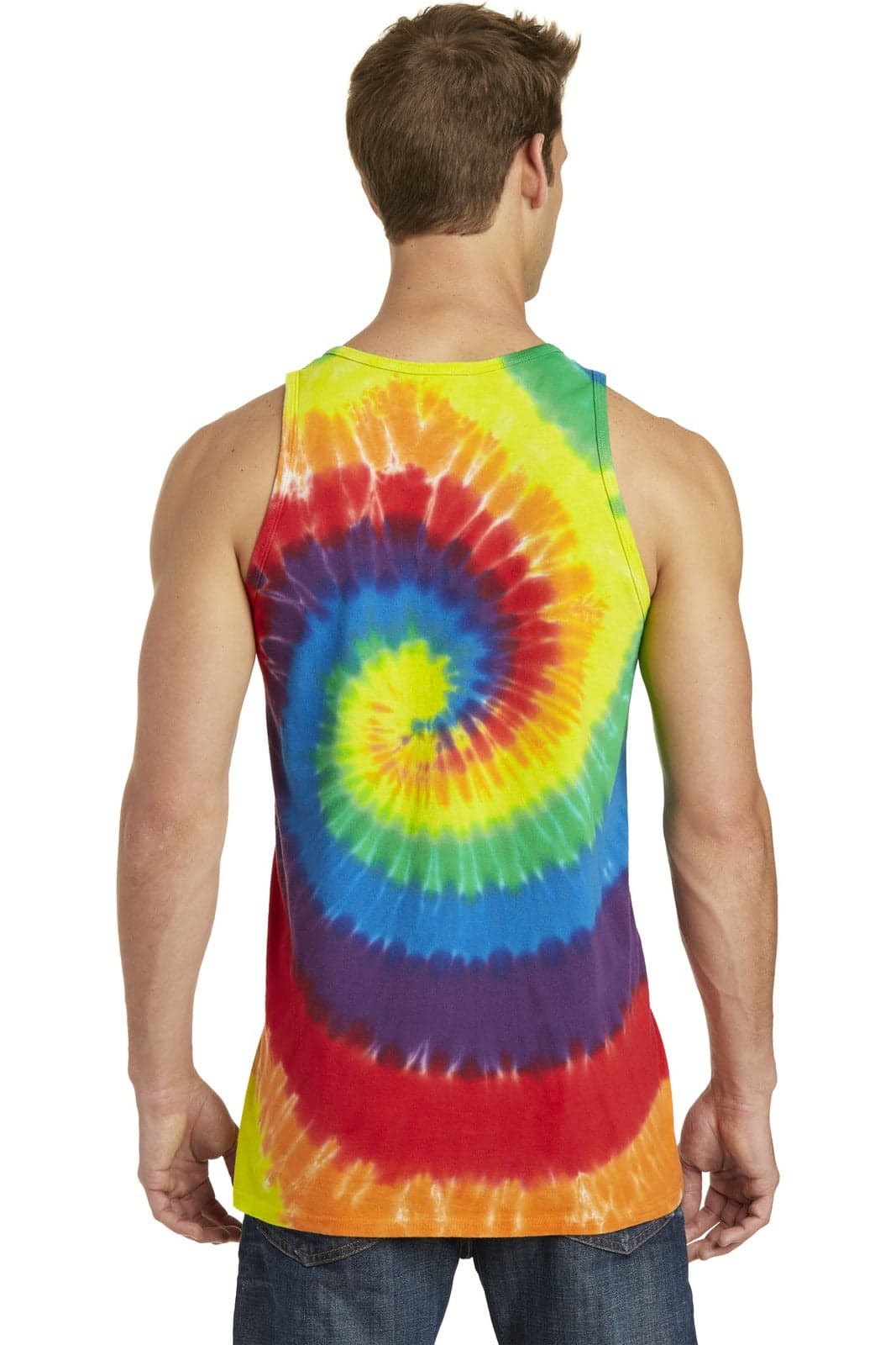 A vibrant multi-coloured tie-dye tank top featuring a spiral pattern, viewed from the back.