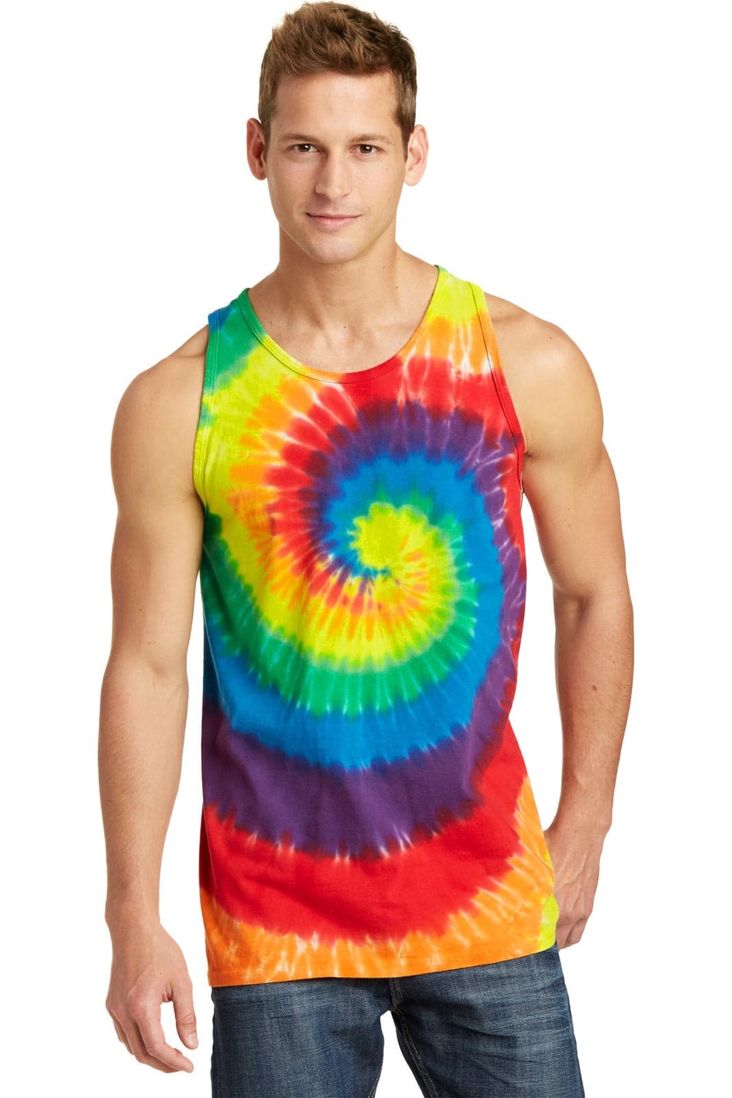 A man wearing a vibrant tie-dye tank top featuring spiral patterns in multiple colours, including yellow, blue, and red.