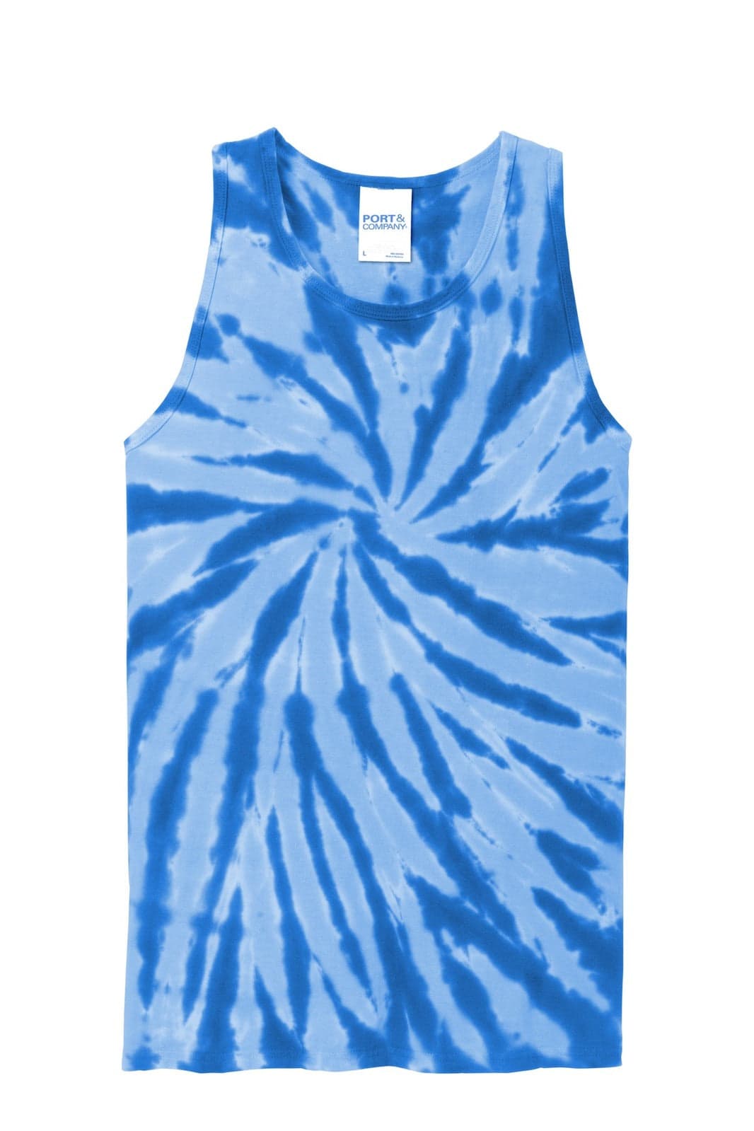 A blue tie-dye tank top with a spiral pattern and a brand label on the neckline.