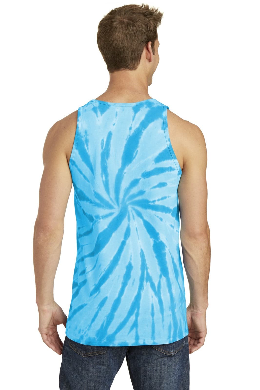 A tie-dye tank top in shades of blue with a spiral pattern, featuring a branding logo.
