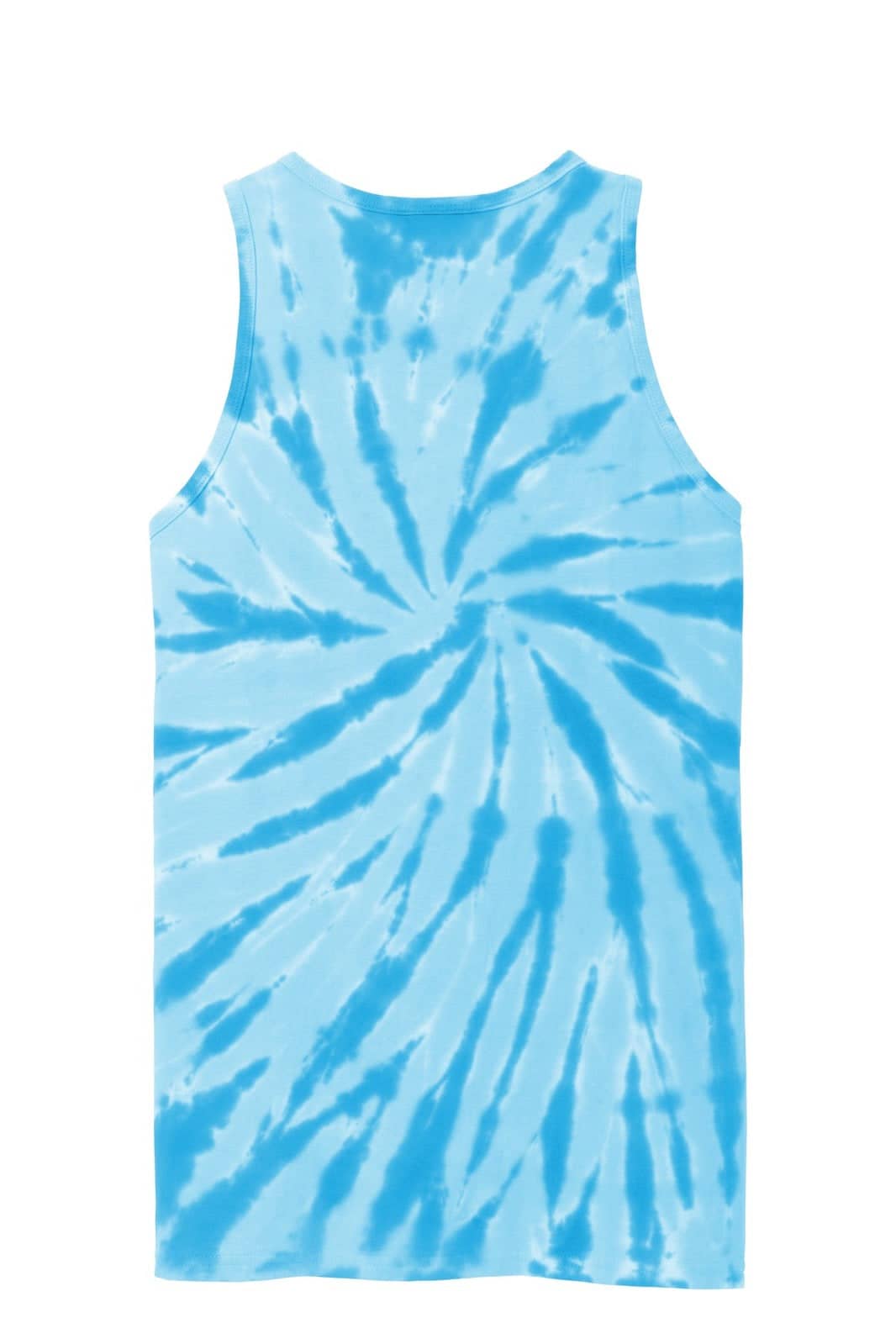 A tie-dye tank top in shades of blue, featuring a spiral design and a plain back. It includes a logo.