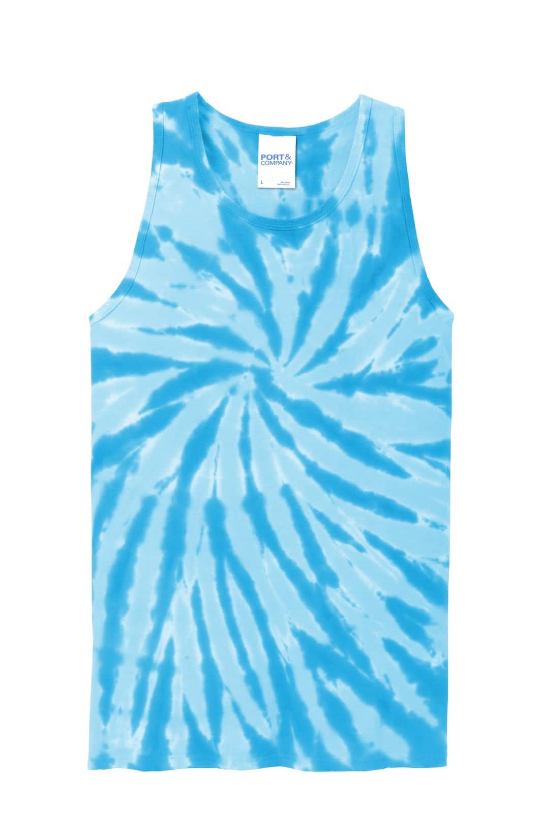 A blue tie-dye tank top with a spiral pattern, featuring a logo on the label at the neckline.