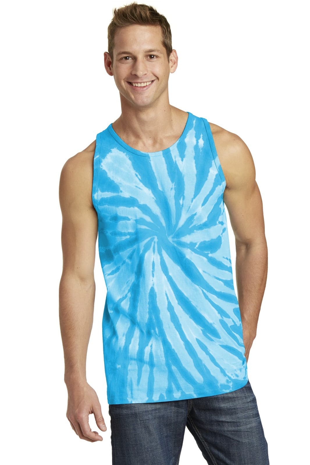 A tie-dye tank top in vibrant blue, featuring a spiral pattern and a logo on the front.