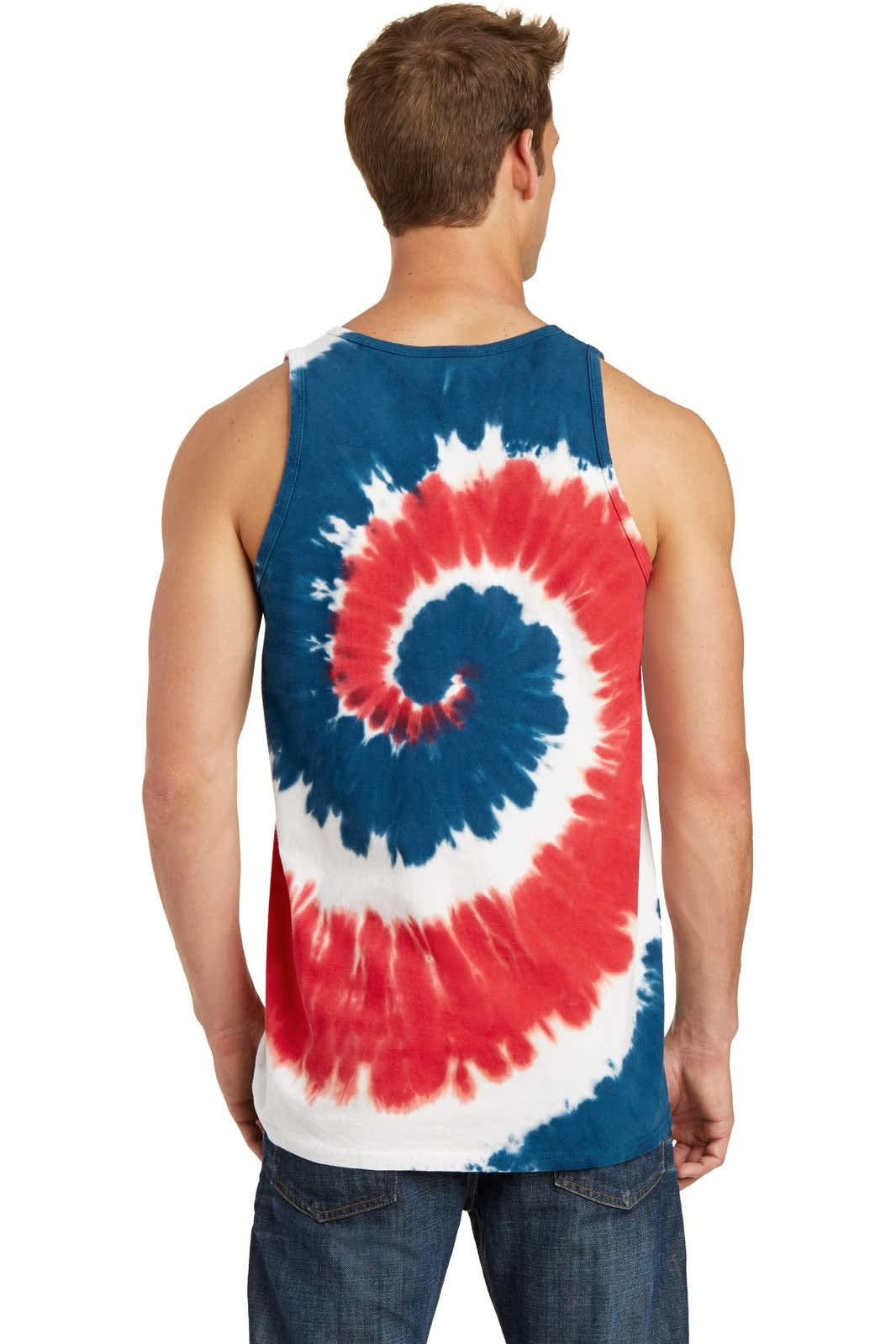 A sleeveless tank top with a bold tie-dye pattern in red, blue, and white, featuring a logo on the back.