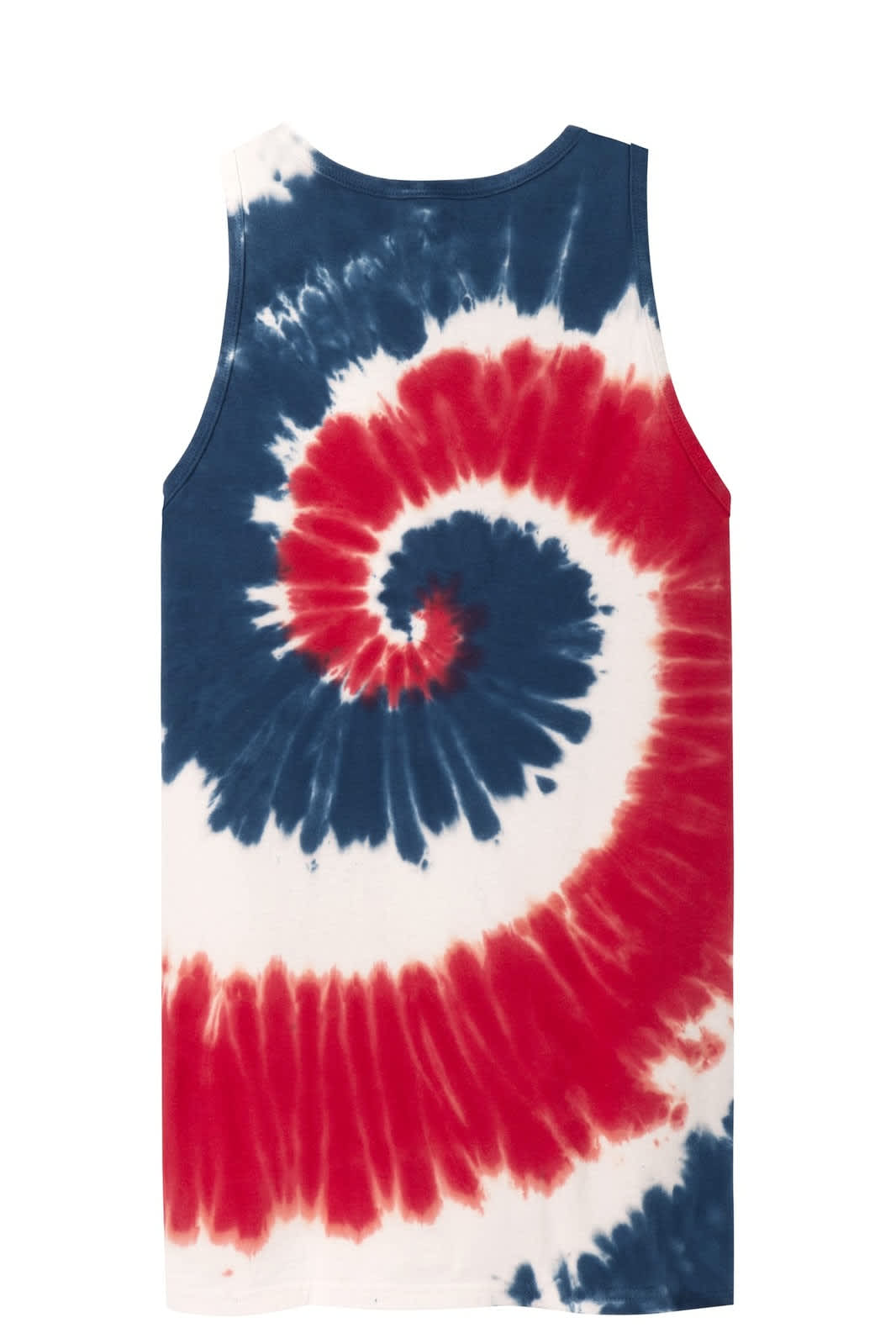 A tie-dye tank top featuring a spiral design in red, white, and navy blue colours, with a logo included.