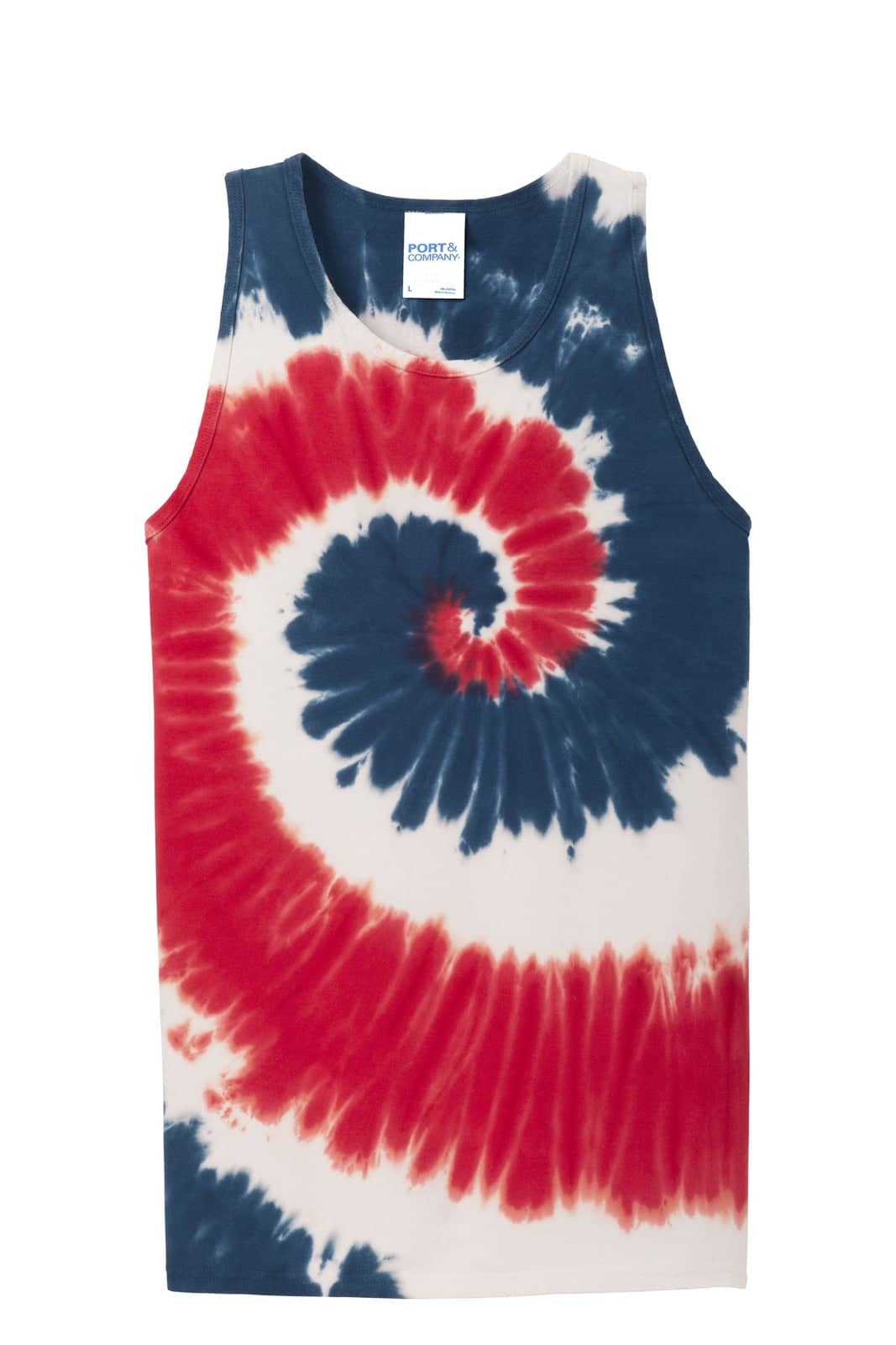 A tie-dye tank top featuring a spiral pattern in red, white, and navy blue, with a logo on the label.